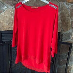 Belldini Red Blouse with Rhinestone Shoulder Accents